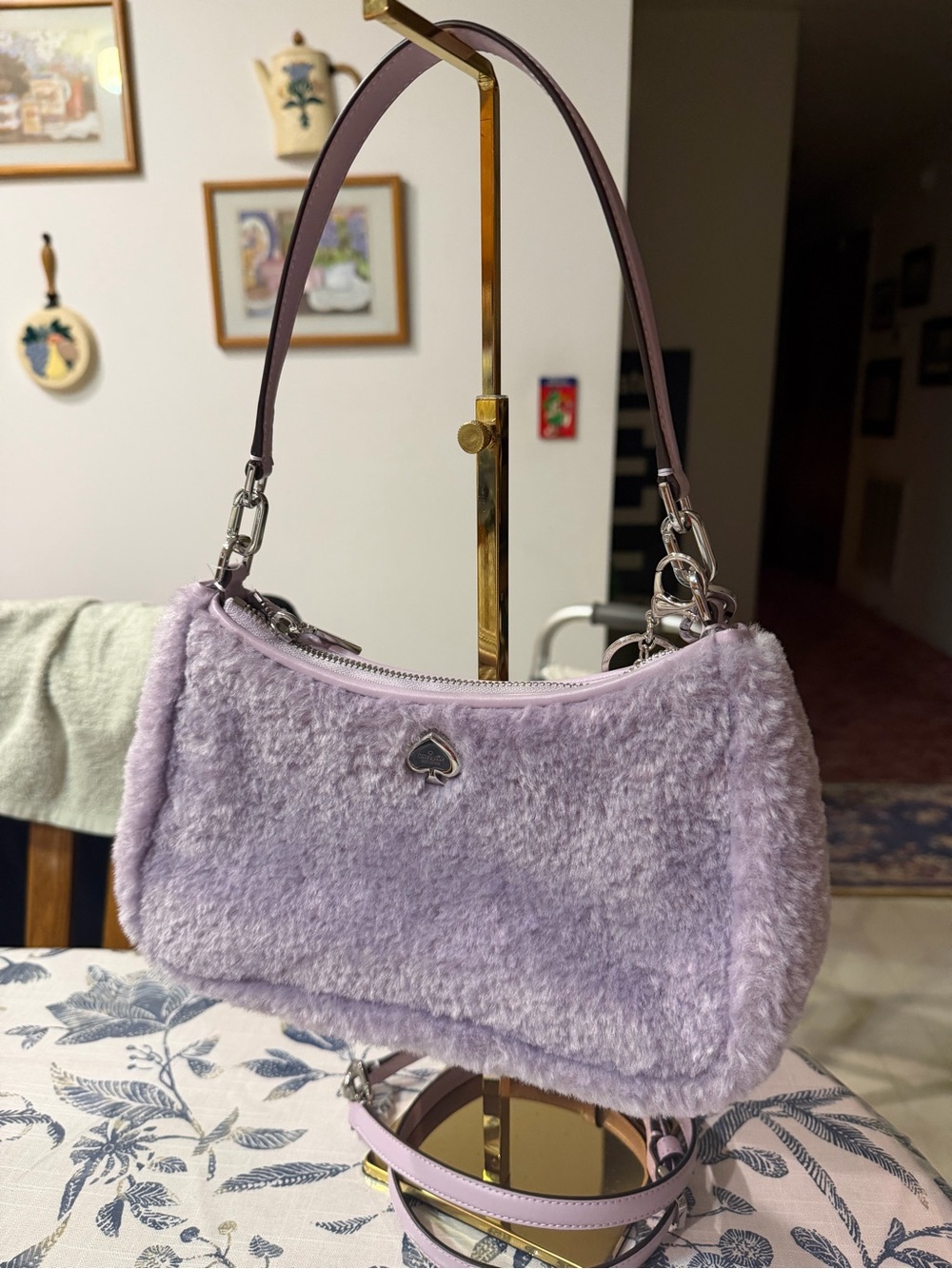 kate spade lavender faux-fur shoulder bag with silver spade logo